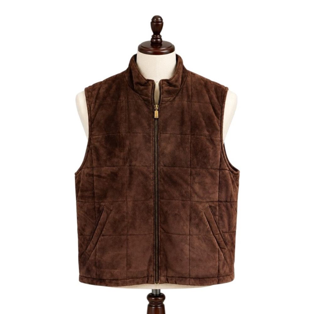 Orvis Men's Brown Suede Leather Quilted Full Zip Vest Size Large